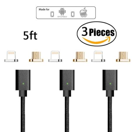 Magnetic CABLE 3 PACK 3rd Generation 1.5 เมตร USB 2.0 แม่เหล็กอะแดปเตอร์เคเบิ้ลรถยนต์ 1 IOS Connector และ 1 Micro - ขั้วต่อ USB เข้ากันได้กับทั้ง Android Smartphone และ iPhone - INTL