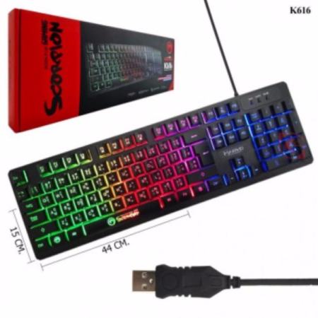 คีย์บอร์ดเกมมิ่ง#คีย์บอร์ดมีไฟ Marvo Keyboard Gaming Scorpion Rainbow black light รุ่น K616 สีดำ รับประกัน 1 ปี  