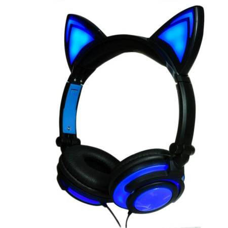 ใหม่การ์ตูนแมวหูหูฟังพับได้กระพริบเปล่งปลั่งหูฟังหูฟังเกมกับไฟ LED สำหรับคอมพิวเตอร์พีซีโทรศัพท์มือถือแล็ปท็อป - Blue - INTL