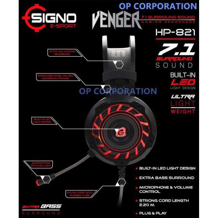 Signo E-Sport HP-821 หูฟังเกมมิ่ง VENGER: 7.1 Surround Sound Gamming Headphone