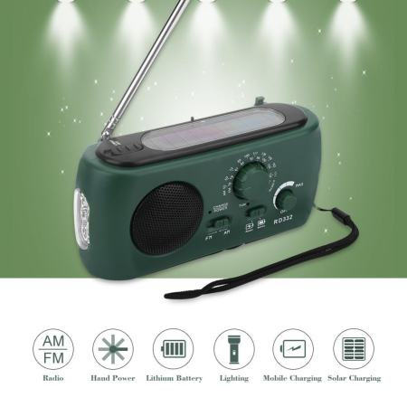 SOLAR Hand Crank AM/FM/SW พร้อมไฟฉาย LED โทรศัพท์ฉุกเฉิน  Charger (สีเขียวเข้ม)