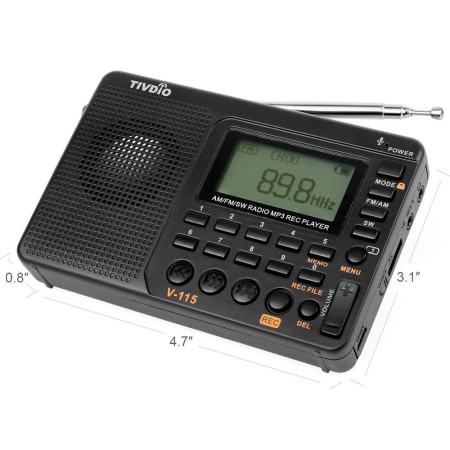 TIVDIO V-115 FM/AM/วิทยุ SW เครื่องรับวิทยุหลายช่อง REC บันทึกเสียงเบส MP3 ลำโพงเครื่องเล่น Sleep TIMER สีดำ - INTL