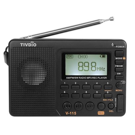 TIVDIO V-115 เอฟเอ็ม/AM/SW วิทยุ Multiband เครื่องรับวิทยุบันทึกเครื่องบันทึกเสียงเบส MP3 ผู้เล่นลำโพงนอนจับเวลาสีดำ-นานาชาติ