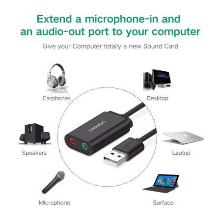UGREEN หัวแปลงสัญญาณ USB เป็น ออดิโอ และ ไมโครโฟน รุ่น 30724 Audio Adapter External Stereo Sound Card With 3.5mm Headphone And Microphone Jack For Windows, Mac, Linux, PC, Laptops, Desktops, PS4 , คอมพิวเตอร์ , โน๊ตบุ๊ค