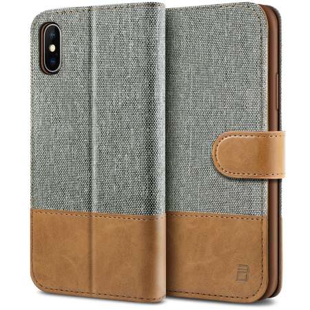 เคส ไอโฟน X เคสหนัง ผสมผ้า ฝาพับ ฝาปิด ซองมือถือ , BEZ iPhone X Wallet Flip Case Cover [Canvas Faux Leather] // TT1-I8X