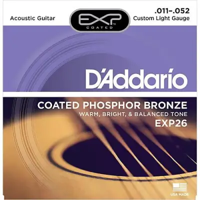 EXP16 EXP26 สายกีตาร์โปร่ง เบอร์ 11 D'Addario® EXP26 สายเคลือบพิเศษ แบบ Phosphor Bronze (Custom Light, 11-52) EXP26 mirror (วัสดุแท้) มีเก็บปลายทาง