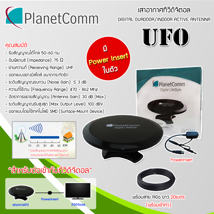 เสาอากาศทีวีดิจิตอล PlanetComm รุ่น UFO + Power Insert พร้อมสายRG6 ยาว 10-30เมตร