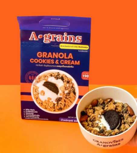 A-grains Granola Cookies and Cream อะเกรนส์ กราโนล่า ธัญพืชอบกรอบ รสคุกกี้แอนด์ครีม ขนาด 225 กรัม