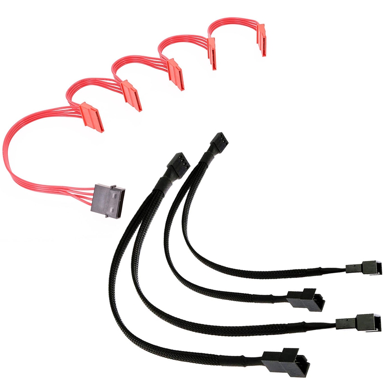 2 Pcs PWM Fan Splitter Adapter Cable Sleeved Braided Black Y Splitter & 1 Pcs 4Pin IDE Molex To 5 X SATA Adapter