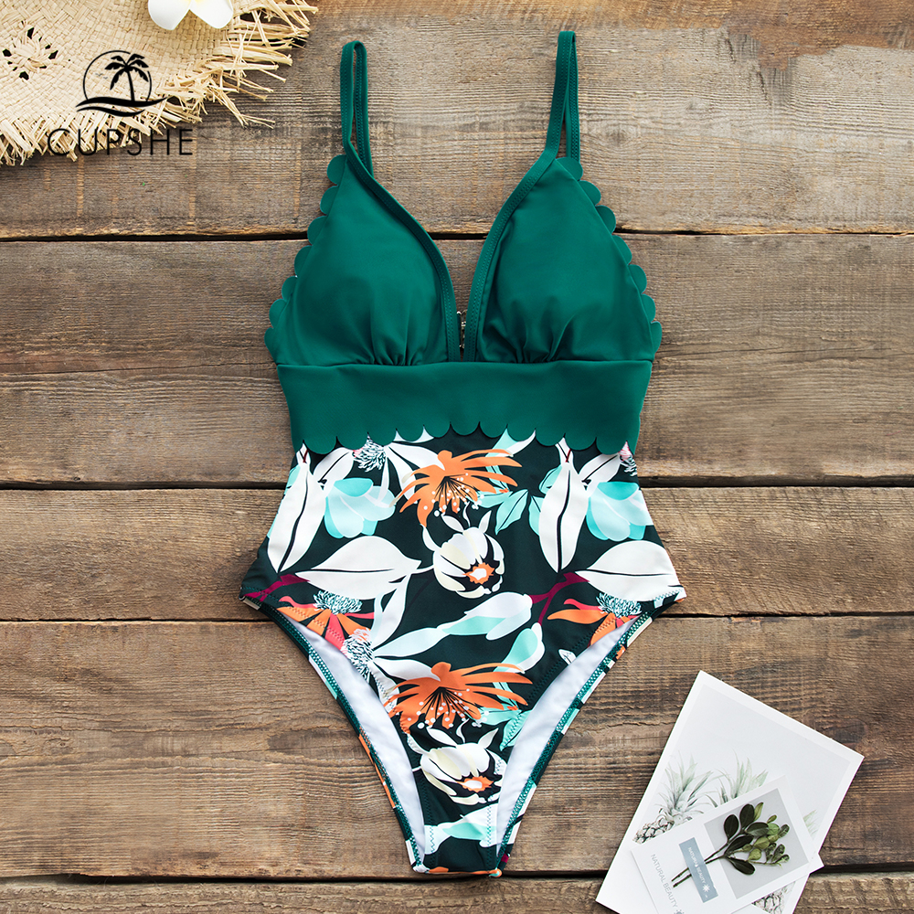 CUPSHE Teal and Floral Scalloped OnePiece Swimsuit Sexy Vneck Women