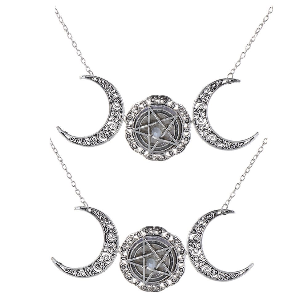 Women Crystal Goddess Pentacle Choker Triple Moon Necklace Pentagram Pendant 