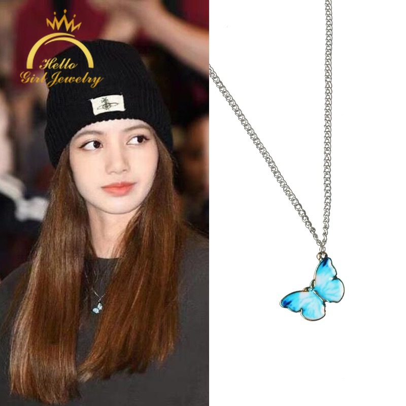 Hello Girl Jewelry Women Blue Gradient Butterfly for Women Girls Butterflies Pendant Choker Necklaces Gift