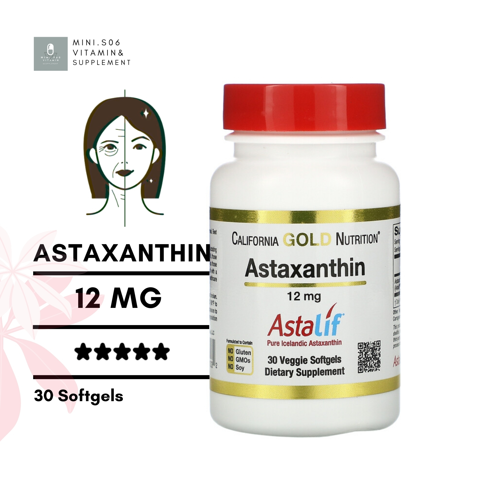 แอสตาแซนธิน 12  มก - California Gold Nutrition, Astaxanthin 12 mg x 30 Veggie Softgels