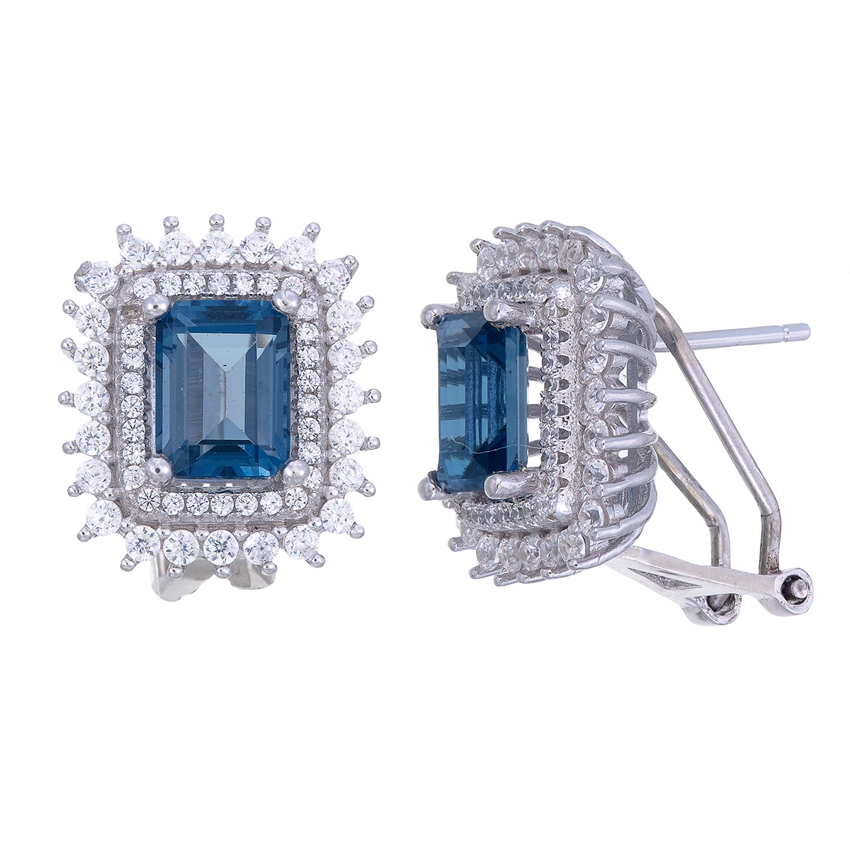 ต่างหูเงิน 92.5 % ฝังพลอยแท้ ลอนดอนบลูโทพาส ประดับด้วยเพชรรัสเซีย/London blue topaz sterling gemstone earrings/ genuine gemstone/octagon london topaz earrings/ clip earrings