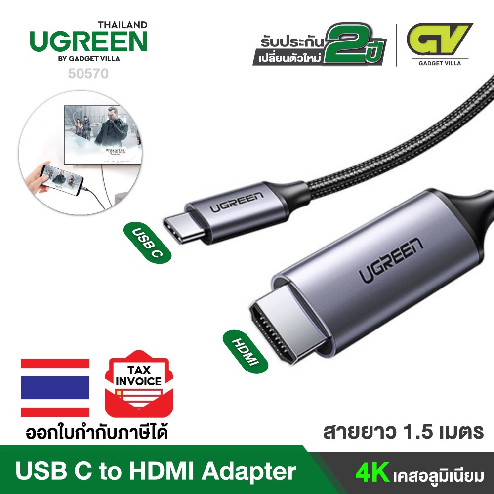 โปรดี UGREEN สาย Type C Thunderbolt 3 to HDMI cable 4K 60Hz ภาพขึ้นจอ
