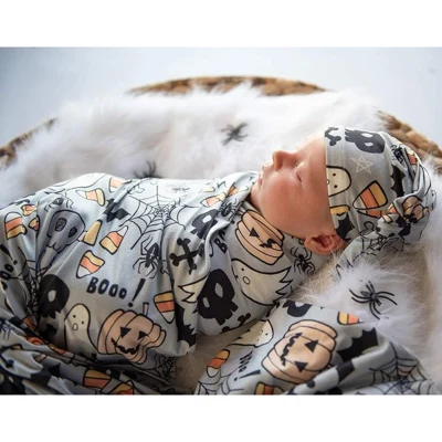 2 Pcs Newborn Printing Receiving Blanket Beanie Hat Set Baby Infants Swaddle Wrap Knotted Bonnet Cap Kit Shower Gifts