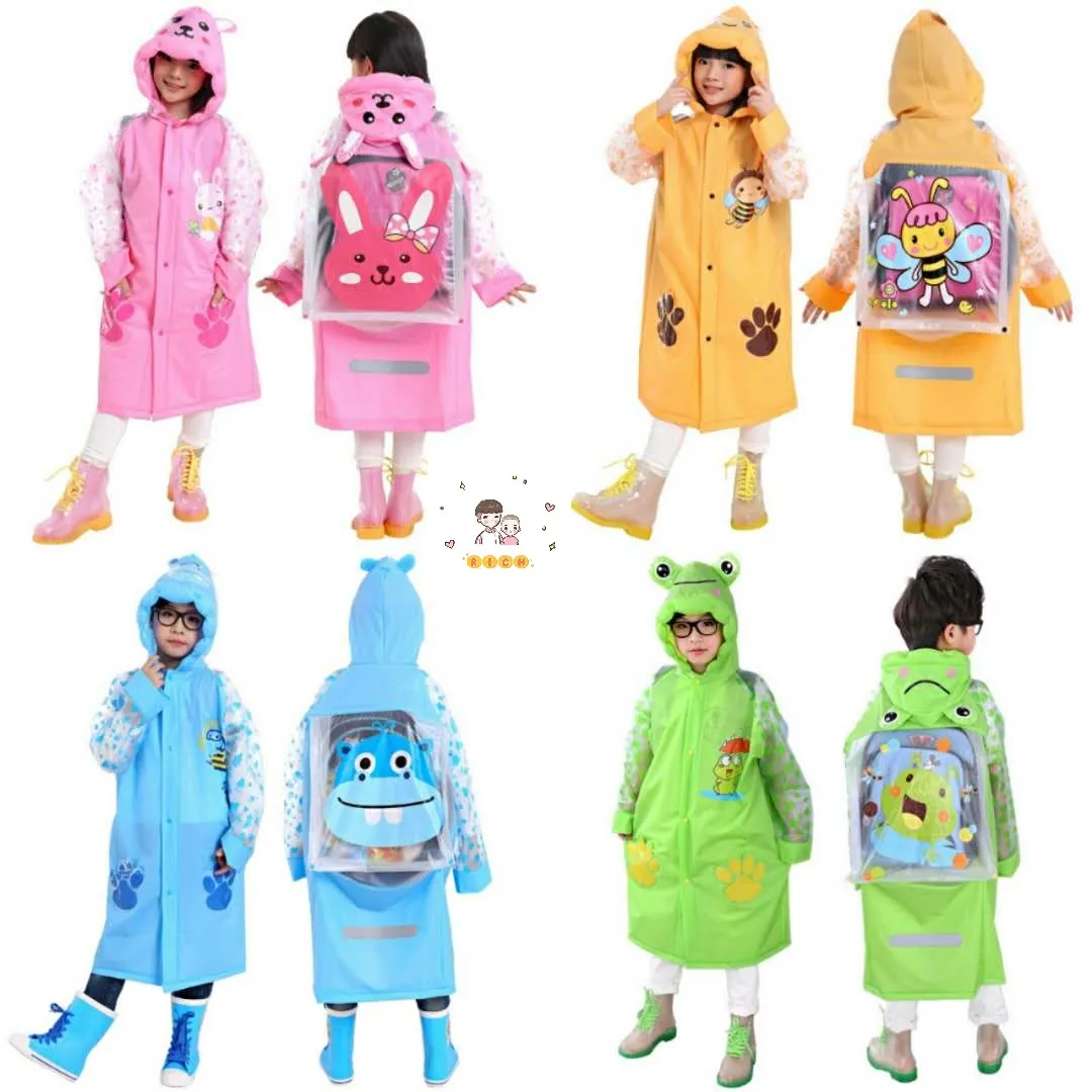 FUFU SHOP เสื้อกันฝน เสื้อกันฝนเด็ก เสื้อกันฝนเด็กรูปสัตว์ส/ไตล์ Rainwear พร้อมกระเป๋าหนังสือ เป่าลม