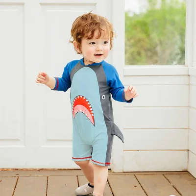 Children's Swimsuit Boys' One-piece Cartoon Shark Sunscreen Quick Drying Baby Children's Long Sleeved Swimsuit