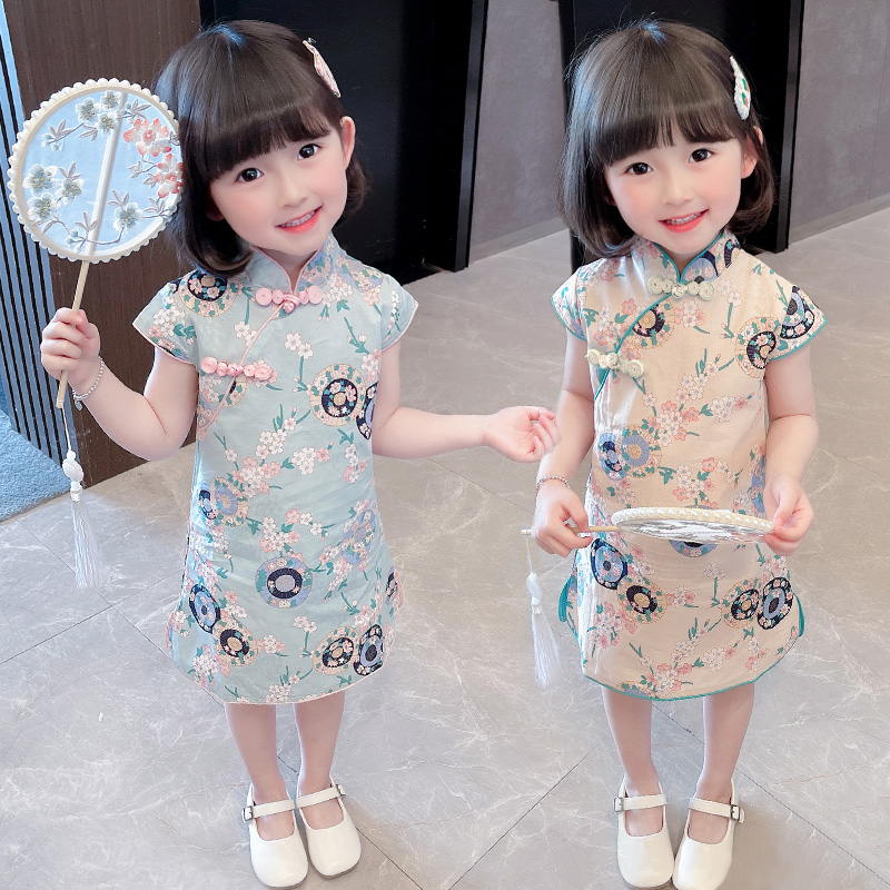 ชุดแซกของเด็กหญิงกี่เพ้า2021ใหม่ Petpet ฤดูร้อนสไตล์ฝรั่งเด็กแบบบางสาวน้อยชุดจีนแบบดั้งเดิมเจ้าหญิงกระโปรง