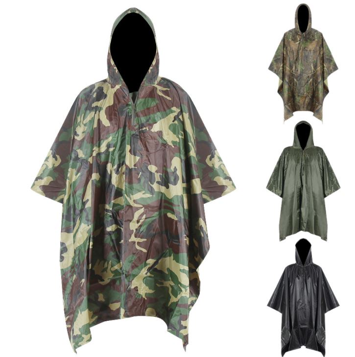 เสื้อกันฝน ลายพรางทหาร ลายพรางเขียว ชุดกันฝน  เสื้อคลุมกันฝน แบบค้างคาว สำหรับเดินป่า ตั้งแคมป์ เสื้อคลุมยุทธวิธี