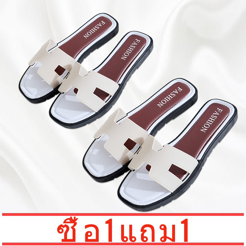 [ซื้อ 1 แถม 1]Sandals，flip flop ขายร้อนรองเท้าแตะสแควร์หัวเข็มขัดที่ทันสมัยรองเท้าแตะขี้เกียจด้านล่างนุ่มสบายรองเท้าแตะแบนด้านล่างลื่นขนาดปกติ