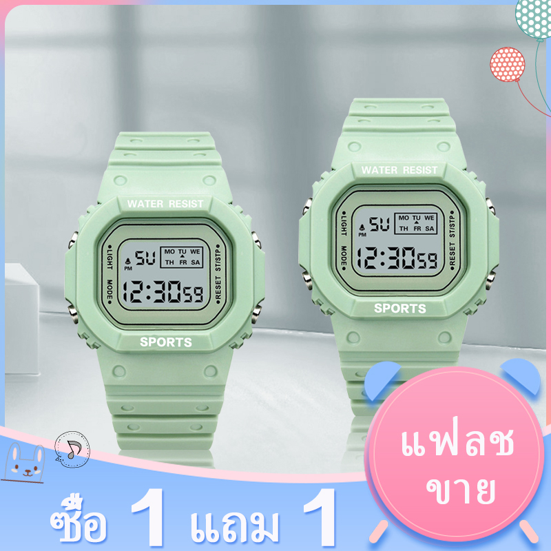 【ซื้อ 1 แถม 1】Women Sports Watches LED Luminous Electronic Waterproof Quartz Watch For Women Matcha Green/Sakura Pink Multifunctional Fashion Casual Rubber Strap Ladies Student Girl Digital Wristwatch
