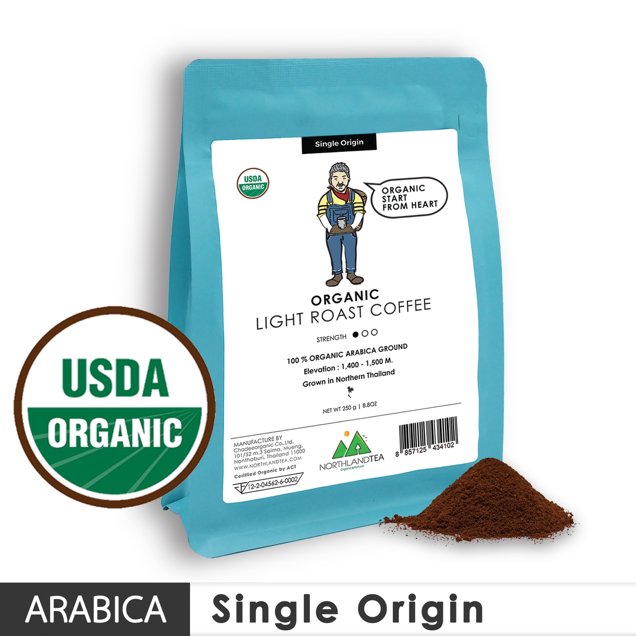 กาแฟอาราบิก้าสด คั่วบดอ่อน USDA ORGANIC ขนาด 250g - Single Origin - มาตรฐานออร์แกนิคระดับโลกได้รับรองจาก สหรัฐอเมริกา