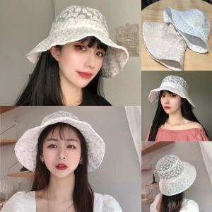 สินค้า Hatgogo หมวก สไตล์เกาหลี!!!หมวกบักเก็ต หมวกแฟชั่นลูกไม้ หมวกบักเก็ต ดอกไม้ (มี2สี)
