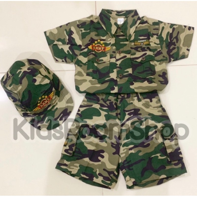 ชุดทหารเด็ก ไซส์1-11ปี ชุดทหารขาสั้น ทหารเซต3ชิ้นพร้อมหมวก ชุดอาชีพในฝัน