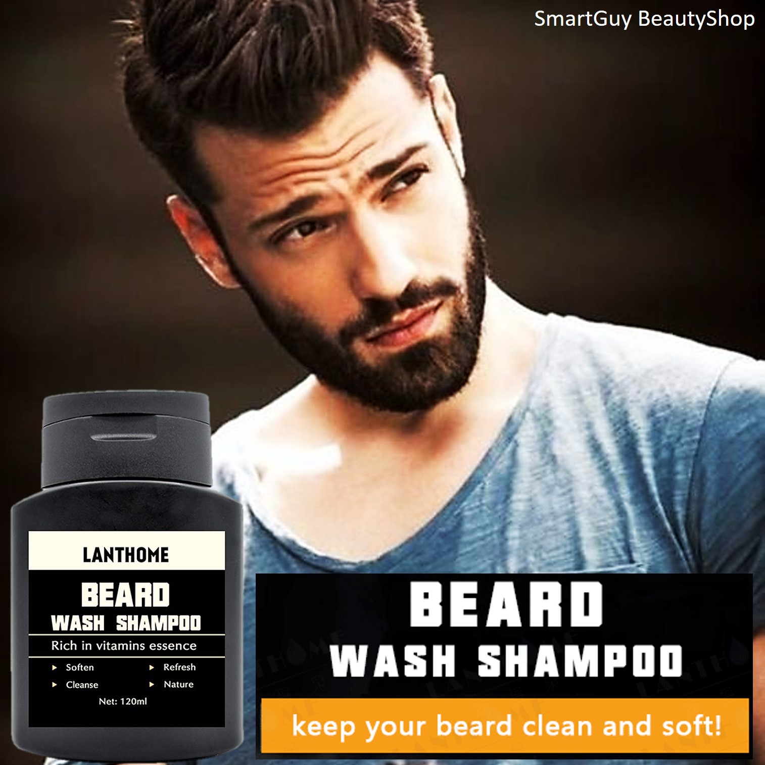 Lanthome beard wash shampoo 120ml ผลิตภัณฑ์ทำความสะอาดลดสิ่งสกปรกและเชื้อแบคทีเรียสะสมบริเวณหนวดเครา