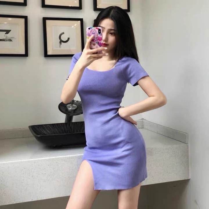 🔥พร้อมส่ง เดรสไหมพรมคอเหลี่ยมแขนสั้นผ่าข้าง🔥 – No Brand >>> top1shop >>> lazada.co.th 🇹🇭 🇹🇭 🇹🇭🛒🛍🛒