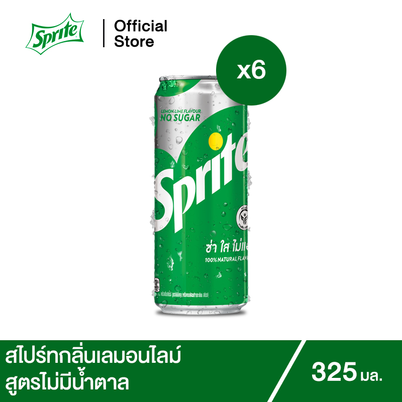 สไปรท์ น้ำอัดลม สูตรไม่มีน้ำตาล 325 มล. 6 กระป๋อง Sprite Soft Drink No Sugar 325ml Pack 6