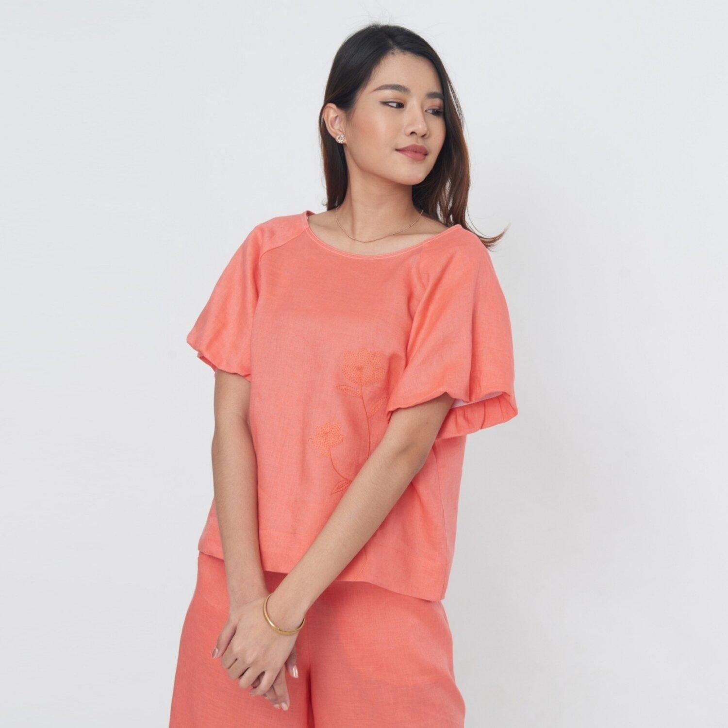 CD Linen Blouse เสื้อเบลาส์ แขนพอง ผ้าลินิน สีส้ม ซี แอนด์ ดี เสื้อ ...