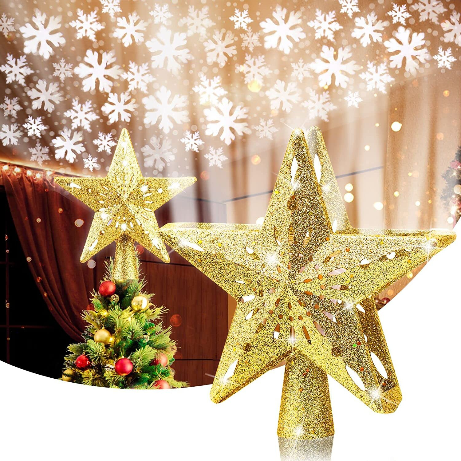 Christmas Tree Topper LED Star Projector 3D Glitter Hollow Star ...