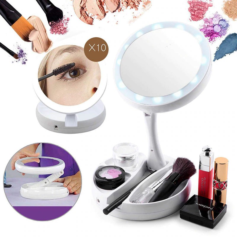 กระจกแต่งหน้าแบบพกพา ขนาดทรงกลมแบบพับ มีไฟLED  Portable Size Round Shape Foldable LED Makeup Mirror Women Facial Makeup Cosmetic Desktop Cosmetic Mirror Tools