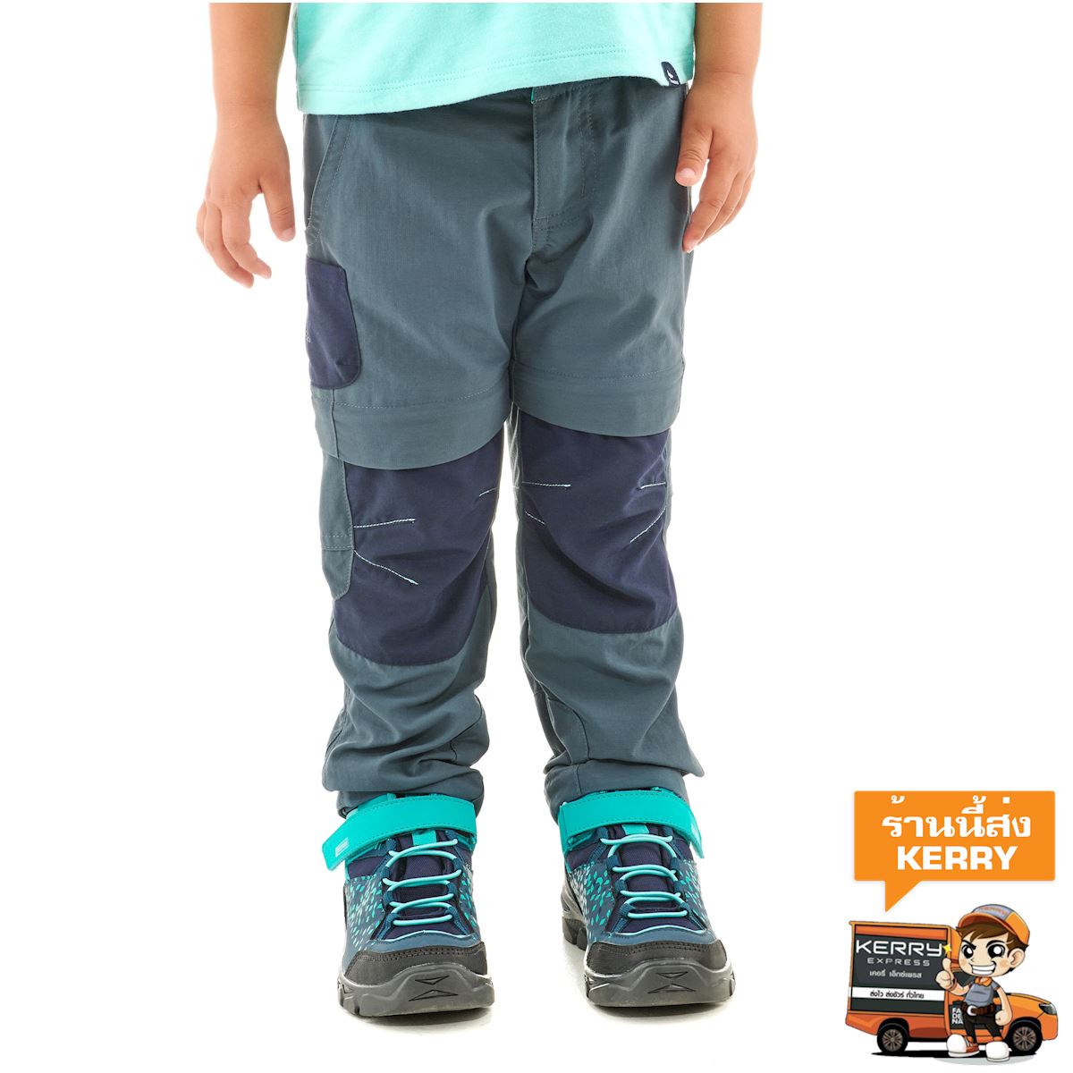 กางเกงขายาวแบบถอดขาได้สำหรับเด็กใส่เดินป่ารุ่น MH500 (สีเทา/น้ำเงิน) เด็กเล็ก 0 ถึง 4 ปี เดินป่า กางเกง เสื้อผ้า กางเกงกีฬาขายาว