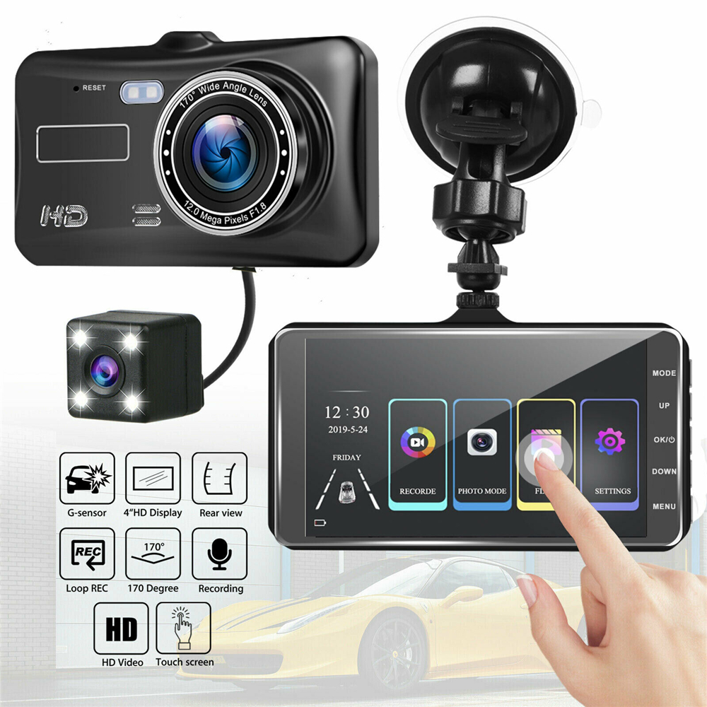 [100% ของแท้] Ziqqucu 4 นิ้ว HD 1080P เลนส์คู่รถ DVR หน้าจอสัมผัส Dashcam กล้องบันทึกวิดีโอ SD