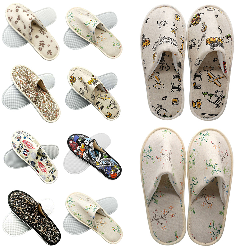 Ho Travel Spa Slippers Cute Printed Linen Guest Slippers Home New Room