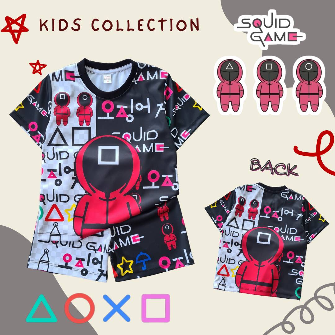 BeautyStudio [ฺSQ0415] เสื้อผ้าเด็ก ชุดเด็กแฟชั่น ชุดเด็กสควิดเกม เนื้อผ้าไมโครเกรดA (ผ้าลื่น) เสื้อแขนสั้น+กางเกงขาสั้น พิมพ์ลายการ์ตูนเต็มตัว