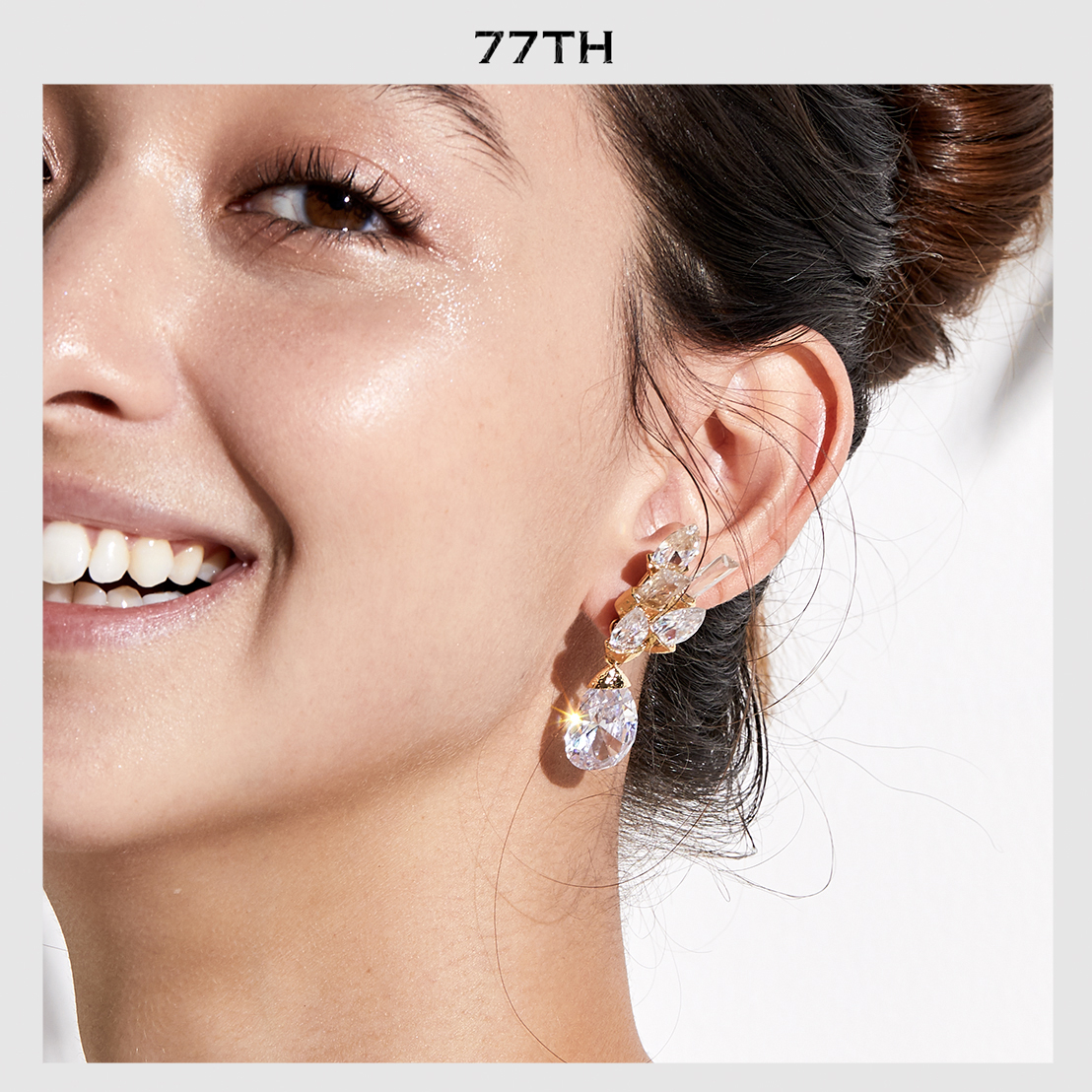 77th-crystals stud detachable drop earrings gold ต่างหูคริสตัล ถอดปรับเปลี่ยนหยดน้ำได้ ใส่ได้ 2 แบบ สีทอง