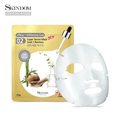 (Exp.31/05/22) SKINDOM Super Serum Mask 02 Snail + Bamboo 25 g. มาส์กสูตรกระชับผิว ช่วยลดเลือนริ้วรอยพร้อมเติมความชื้น (1แผ่น)