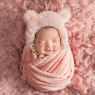 3pcs/set Newborn Infant Photography Wraps Knitted Baby Boys Girls Photo Props Faux Fur Hat Strong Stretch Blanket Bear Doll