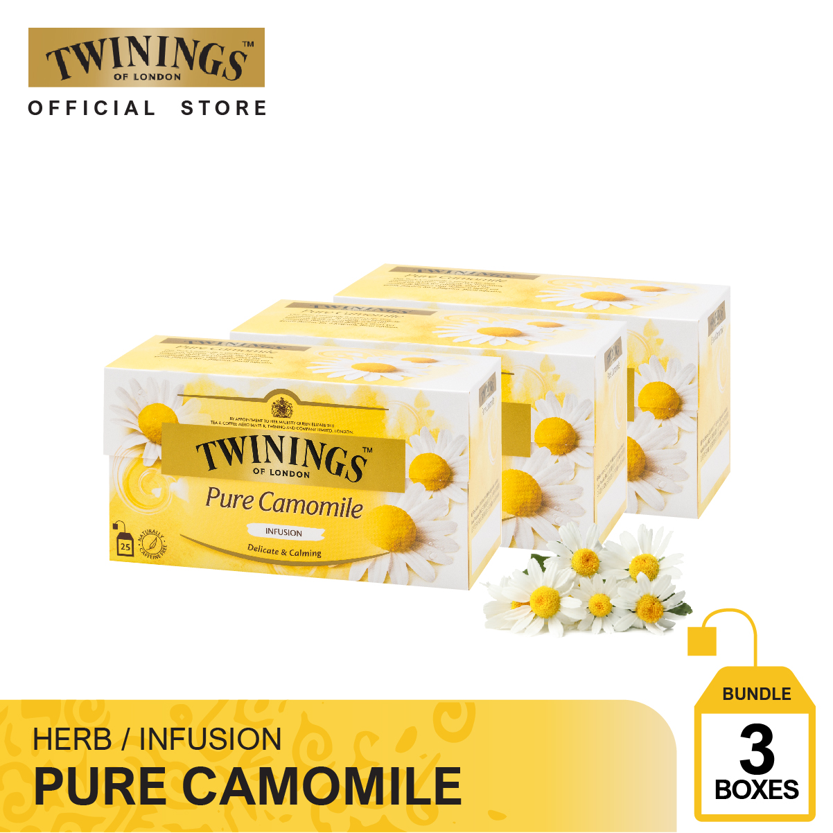 [3 กล่อง] ทไวนิงส์ เครื่องดื่ม เพียว คาโมมาย ชนิดซอง 1 กรัม แพ็ค 25 ซอง Twinings Pure Camomile 1 g. Pack 25 Tea Bags