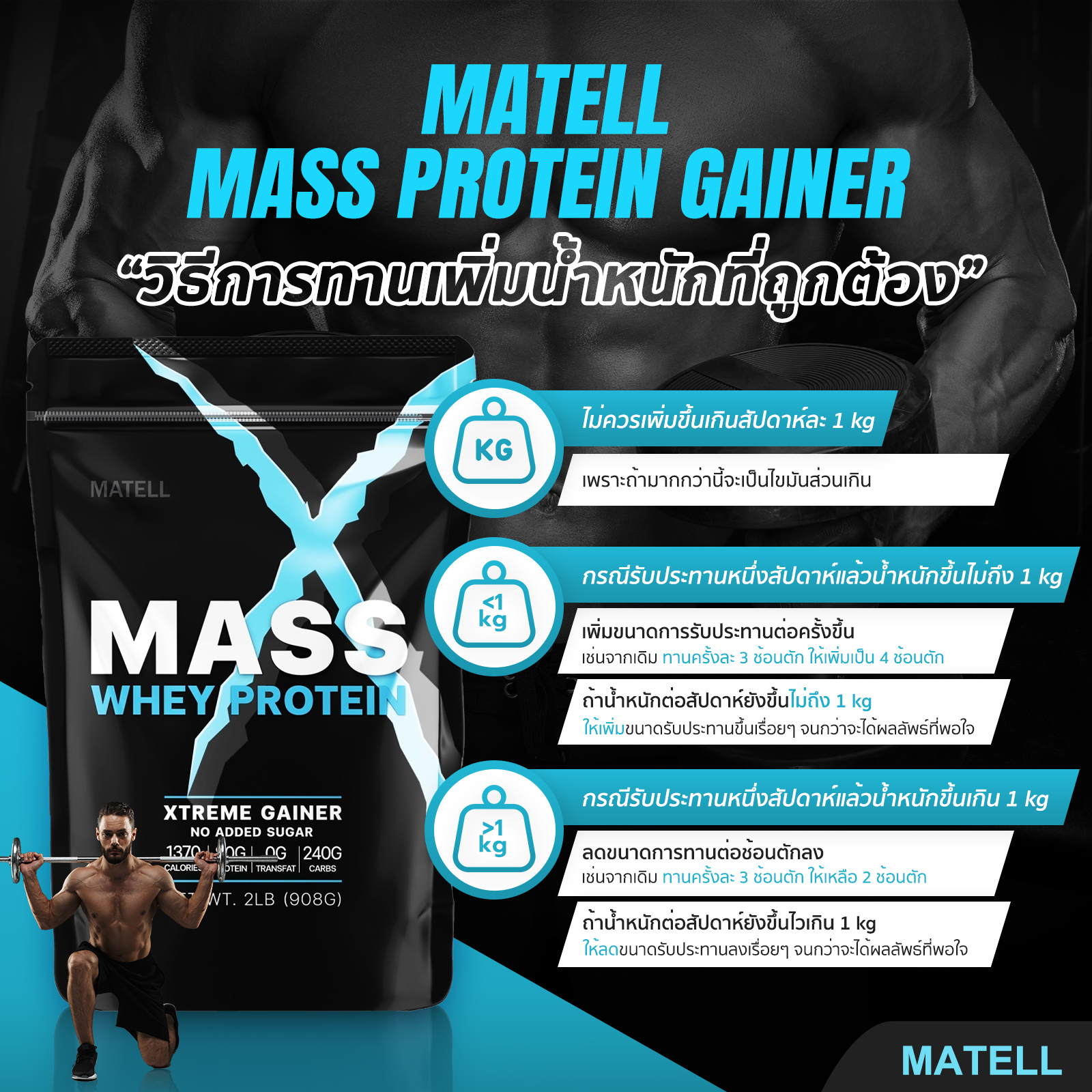 Matell Mass Whey Protein Gainer 2 Lb แมส เวย์ โปรตีน 2ปอนด์ หรือ 908กรัม Non Soy ซอย Mixasale