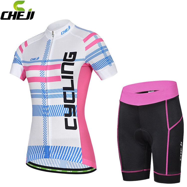ชุดจักรยานผู้หญิงแขนสั้นขาสั้น CheJi 15 (03) สีขาวลายฟ้าชมพู