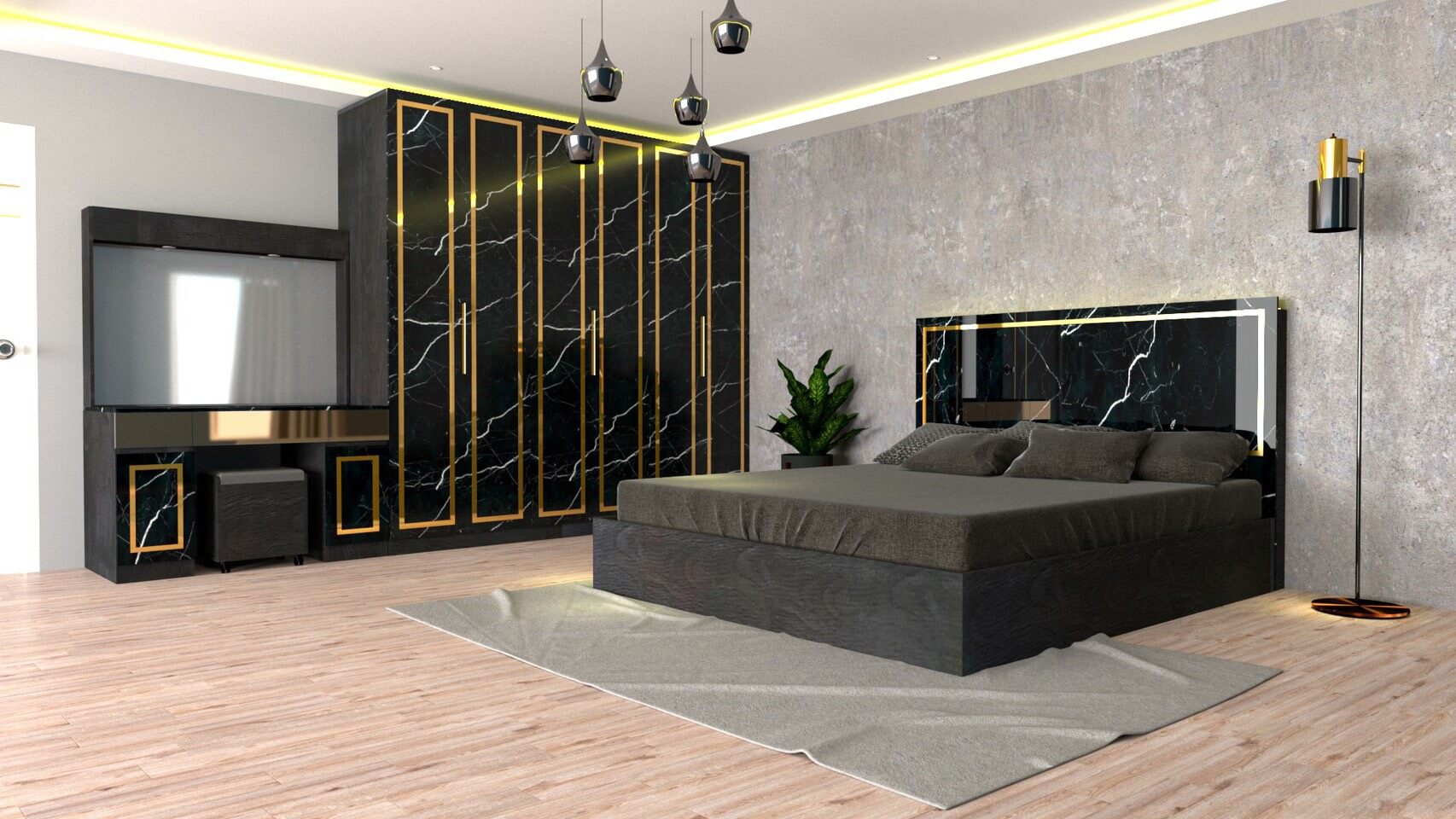 RF Furniture ชุดห้องนอน 5ฟุต รุ่น Jessica A บานทึบ ( เตียง 5ฟุต +ตู้หัวเตียง 2ข้าง+โต๊ะแป้ง 120 ซม.+ตู้เสื้อผ้า 2.40ม. ) Bedroom Set สี AG/DM/GL