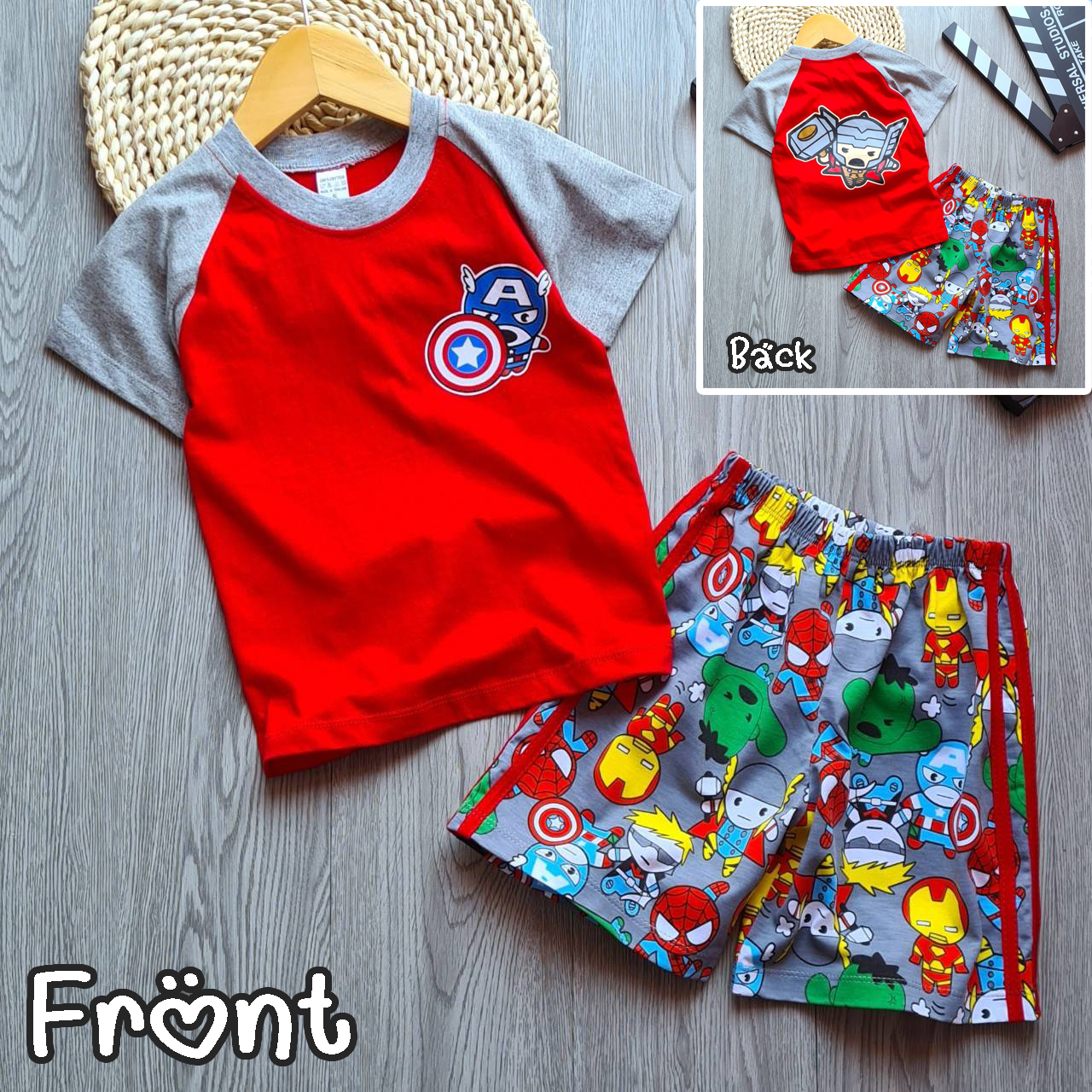 BeautyStudio [A0267] เสื้อผ้าเด็ก ชุดเด็ก เสื้อแขนสั้นสกรีนหน้า-หลัง+กางเกงขาสั้น ผ้าคอตตอน พิมพ์ลายซุปเปอร์ฮีโร่ โทนสีแดง-เทา (1 ชุด)