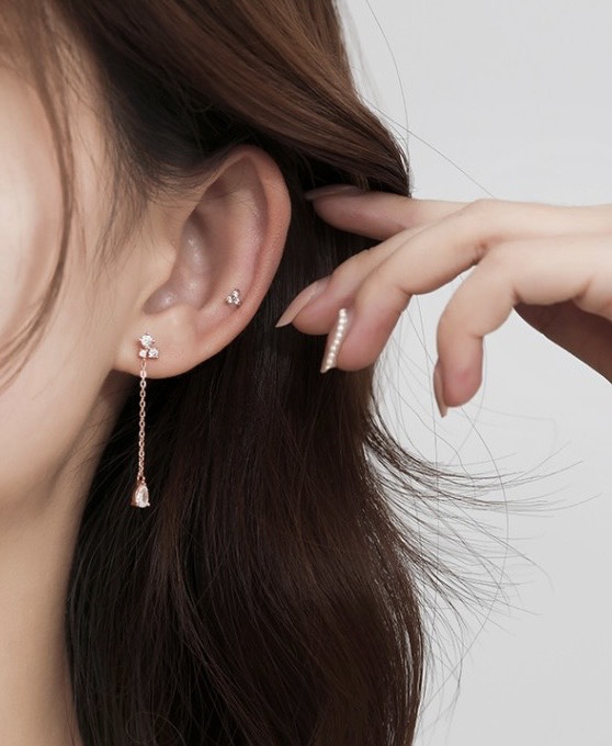 goodgift_station - diamond sterling silver long earing ต่างหูเงินแท้ แบบเจาะเพชรห้อยโซ่ยาวและมีเพชรตรงปลาย