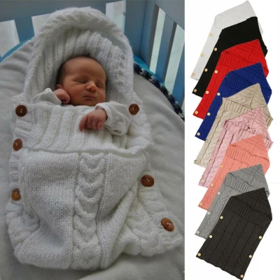 Newborn Infant Baby Blanket Knit Button Crochet Winter Warm Swaddle Wrap Sleeping Bags