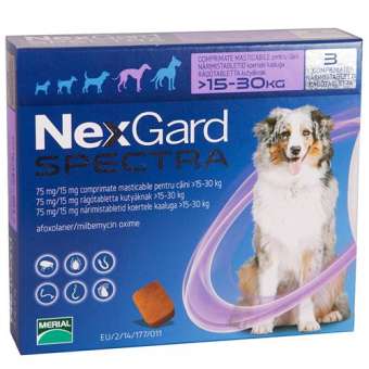 (exp 11/2020) NexGard Spectra (สุนัข 15-30 กก) ยากินกำจัดเห็บหมัด กันพยาธิหัวใจ ถ่ายพยาธิลำไส้ (กล่อง 3 ก้อน) ชนิดเคี้ยว